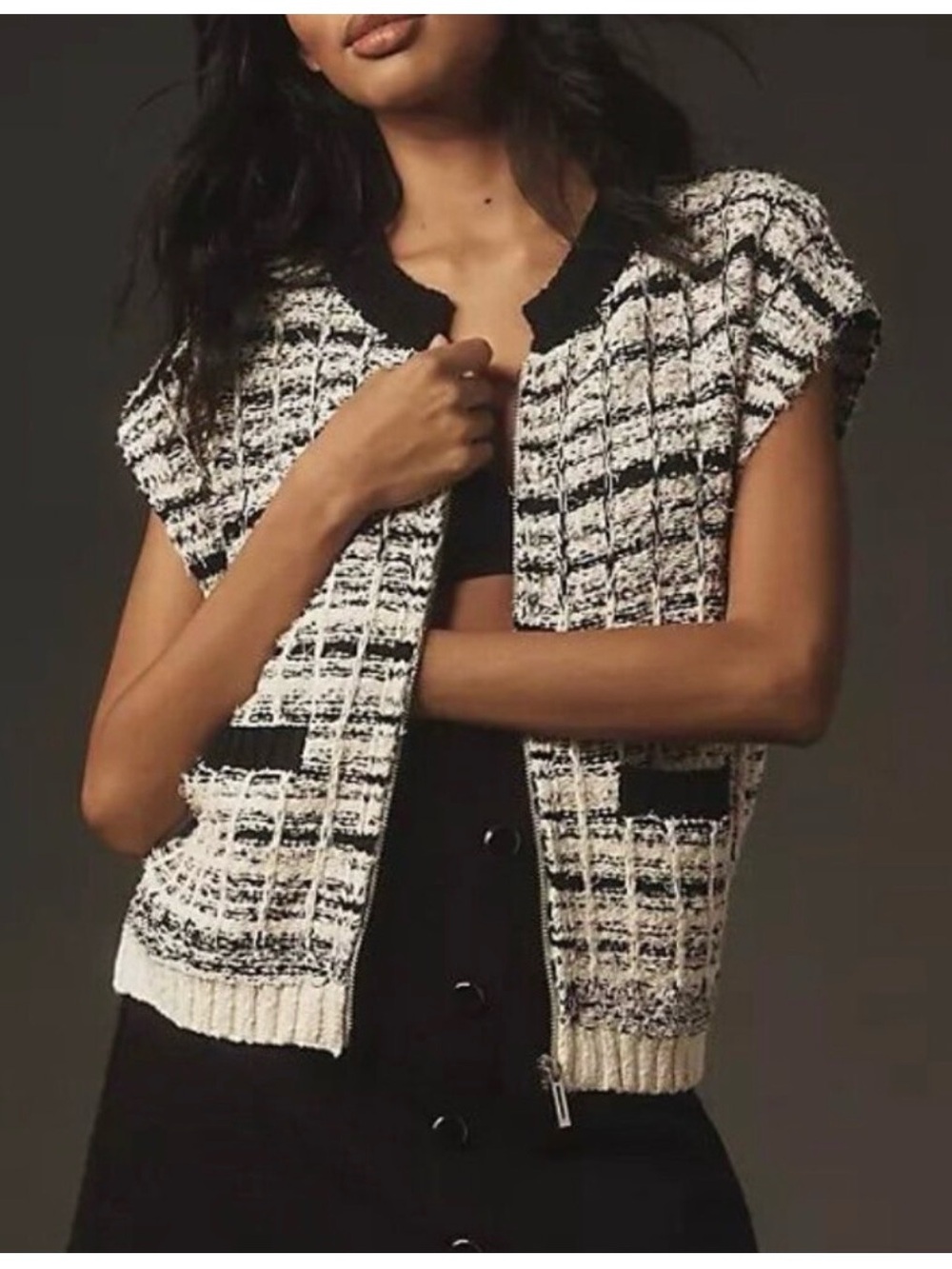 Maeve Tweed Knit Zip Cardigan Zip Top in Black & Cream